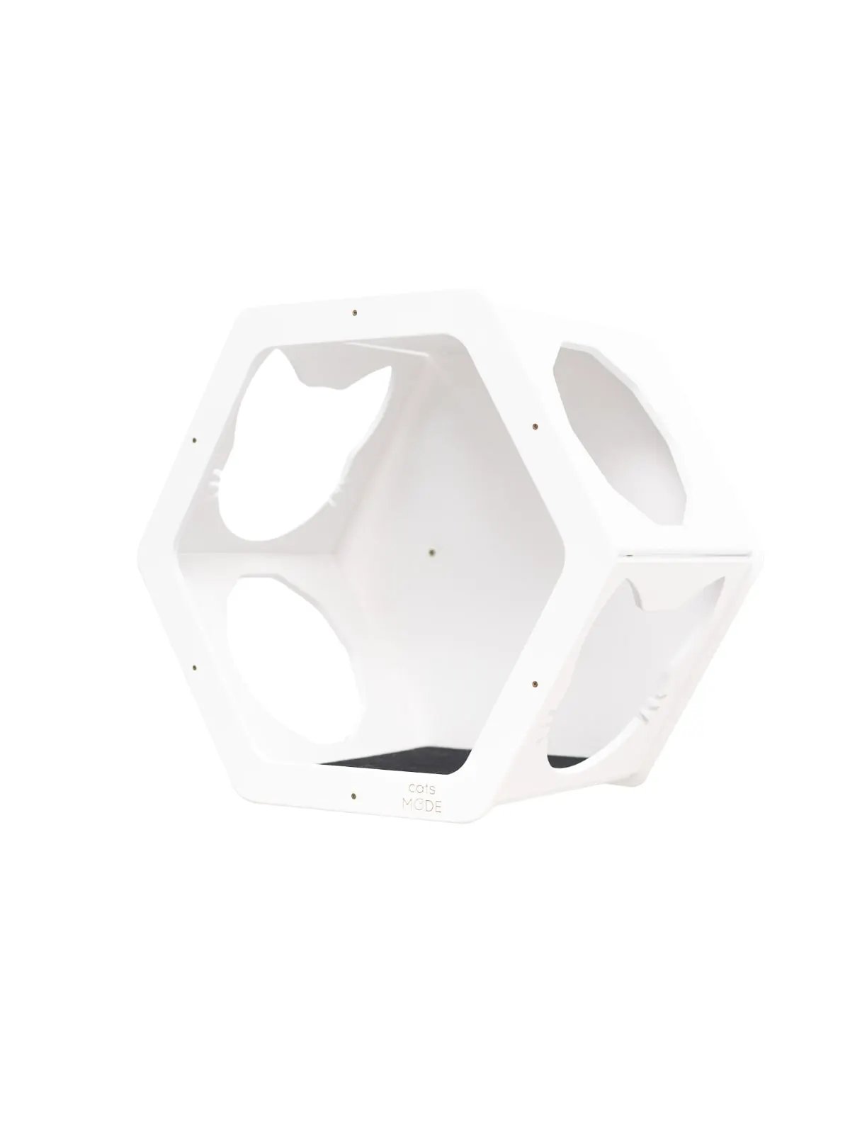 Wall mount cat shelves white hexagonal frame with circular openings; Cats MODE branding