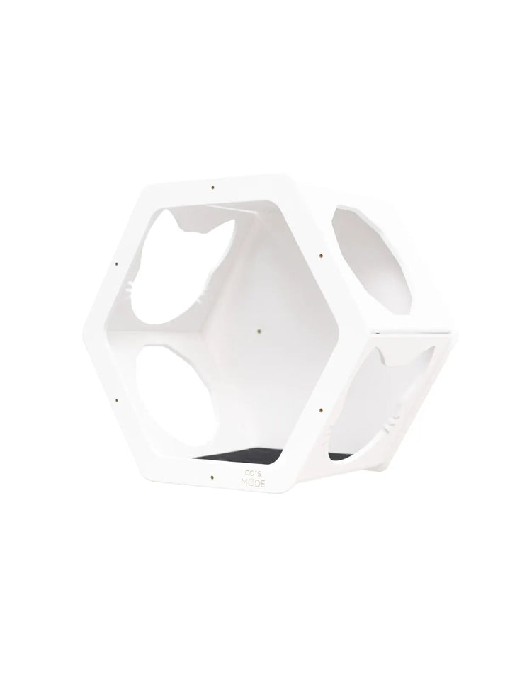 Wall mount cat shelves white hexagonal frame with circular openings; Cats MODE branding