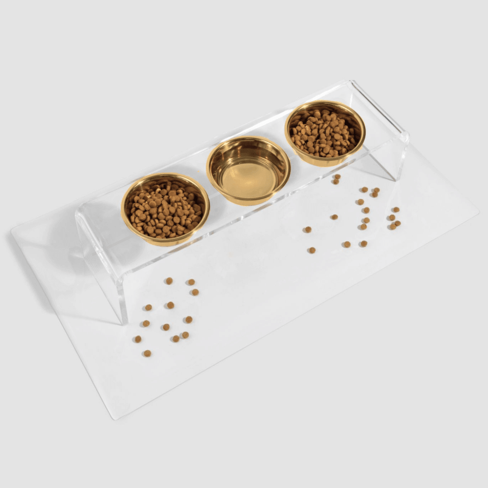 Hiddin Clear Acrylic Triple Feeder with Gold Bowls – 12 in High