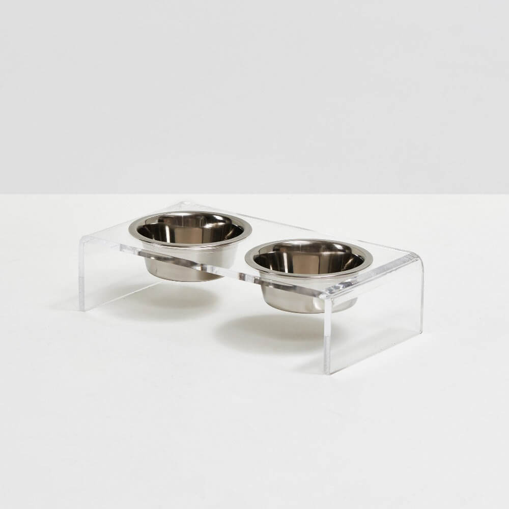 Hiddin Clear Acrylic Double Feeder with Silver Bowls – 3 in High