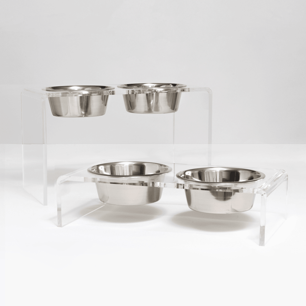 Hiddin Clear Acrylic Double Feeder with Silver Bowls – 3 in High