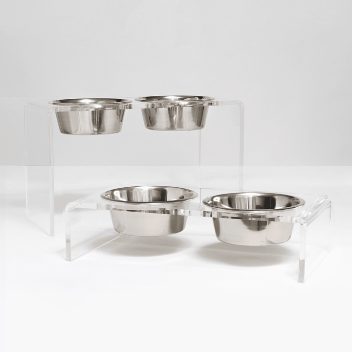 Hiddin Clear Acrylic Double Feeder with Silver Bowls – 3 in High