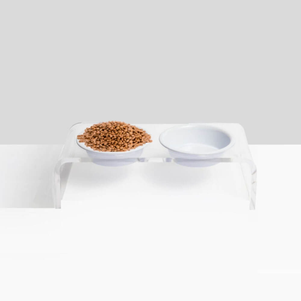 Hiddin Clear Acrylic Double Feeder with Black or White Bowls – 3 in High