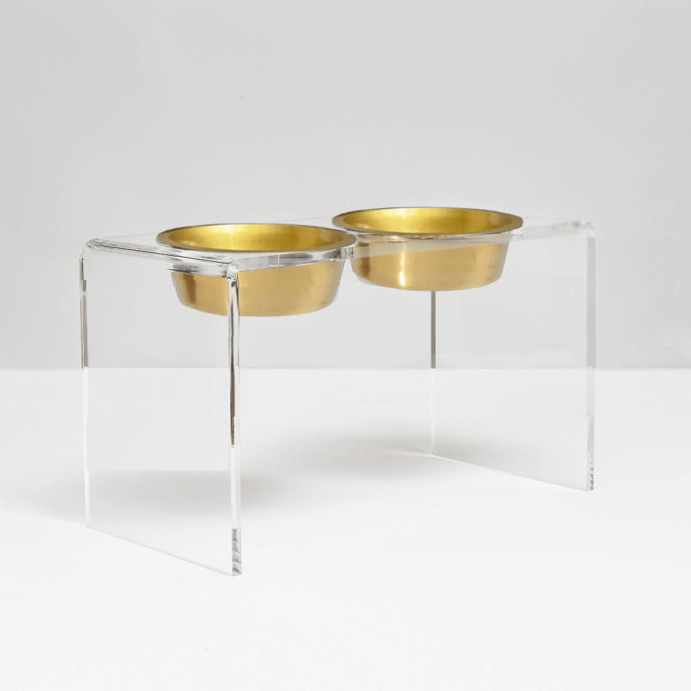 Hiddin Clear Acrylic Double Feeder with Gold Bowls – 12 in High