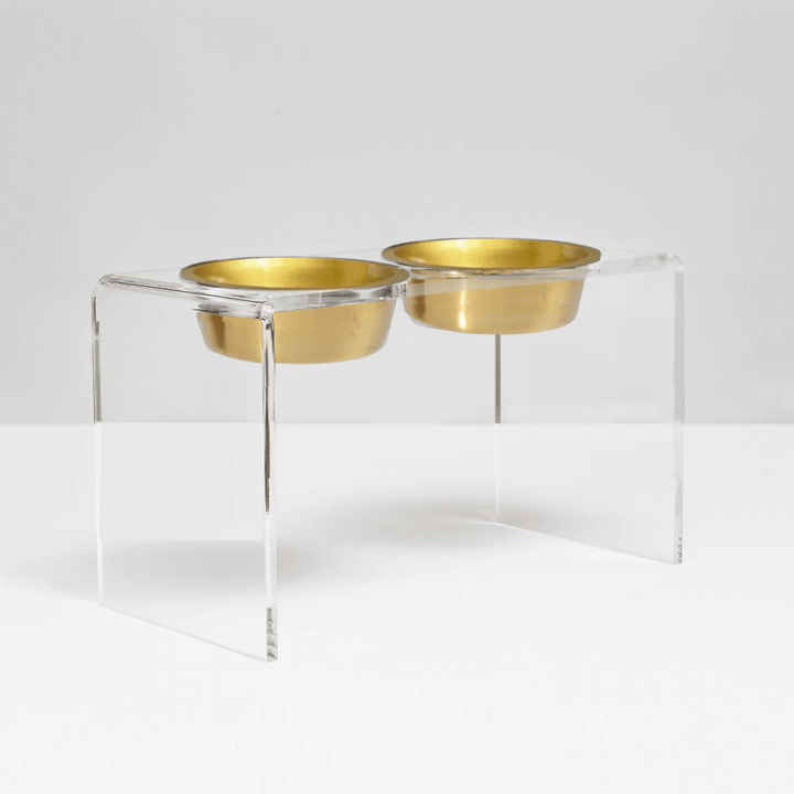 Hiddin Clear Acrylic Double Feeder with Gold Bowls – 12 in High