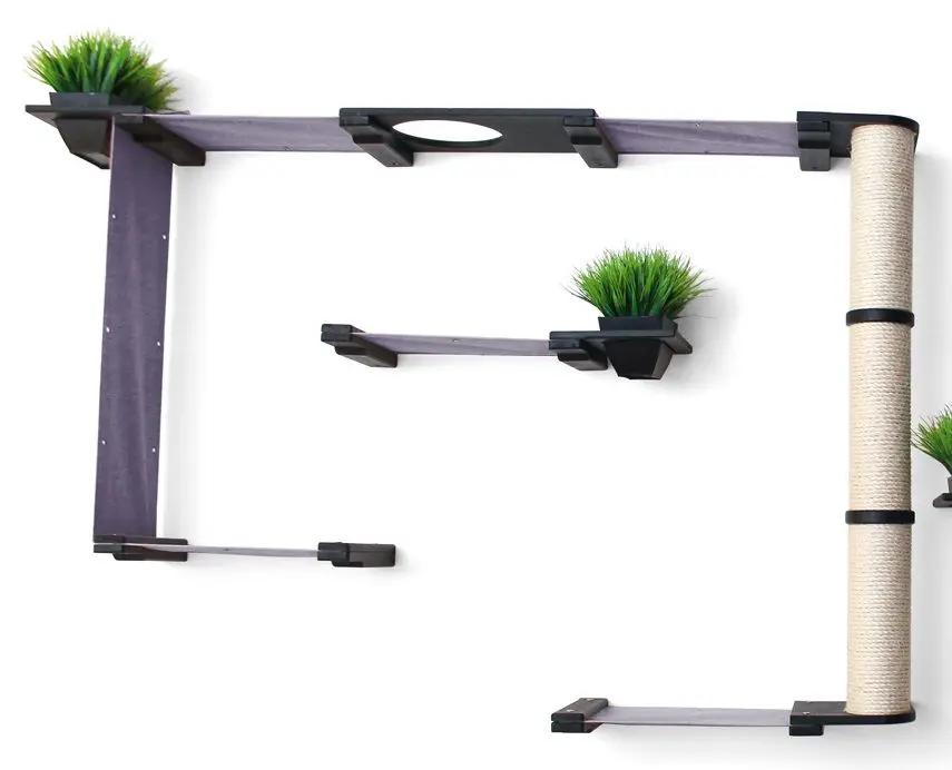 Cat condo The Gardens: modern purple wood cat tree with two faux plant planters and a sisal post for cats.