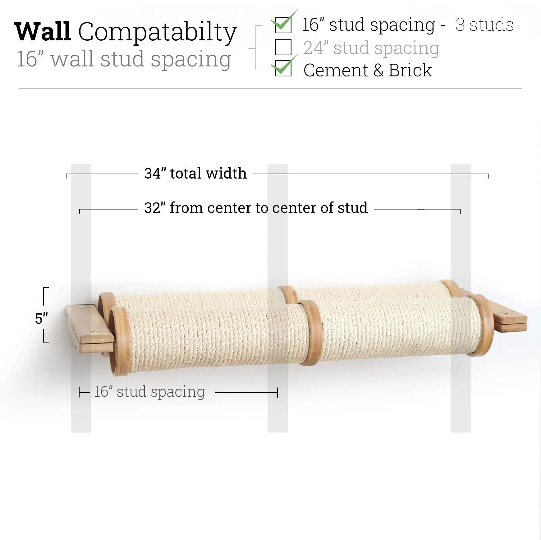 Horizontal cat scratching post by Catastrophic Creations, natural sisal rope with wooden end caps.