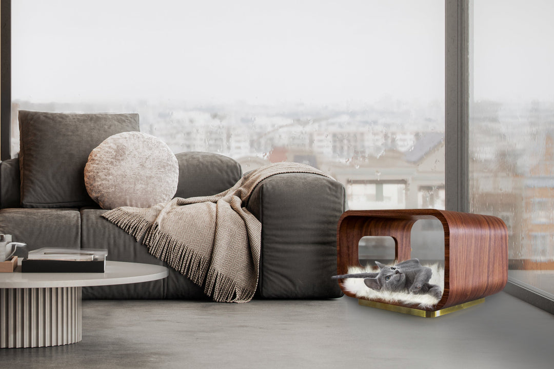 LUNA Modern Cat Bed &amp; Side Table, Walnut