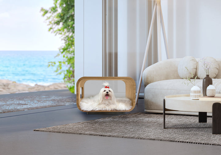 LUNA Modern Cat Bed &amp; Side Table, White Oak
