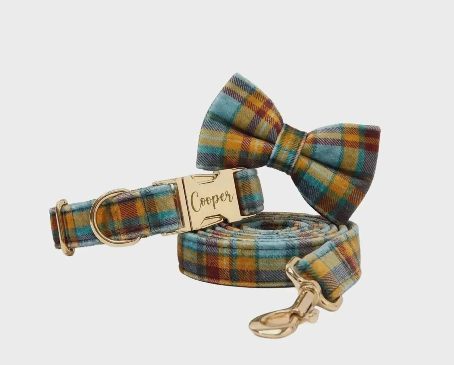 Autumn Blue Plaid Custom No Pull Dog Harness Collar Leash Bow Tie Set With Waste Bag Holder by DDPaws