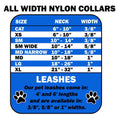 Load image into Gallery viewer, American Leashworks Halloween Witches Brew nylon collars size chart; blue and white sign showing neck and width.
