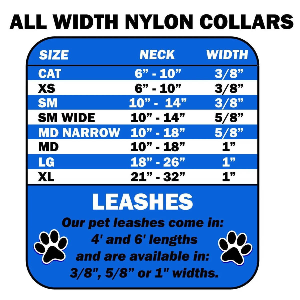 American Leashworks Halloween Witches Brew nylon collars size chart; blue and white sign showing neck and width.