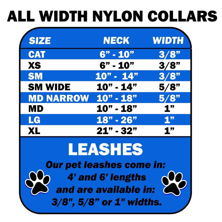 American Leashworks nylon collar neck-size and width chart, with leash length and width options
