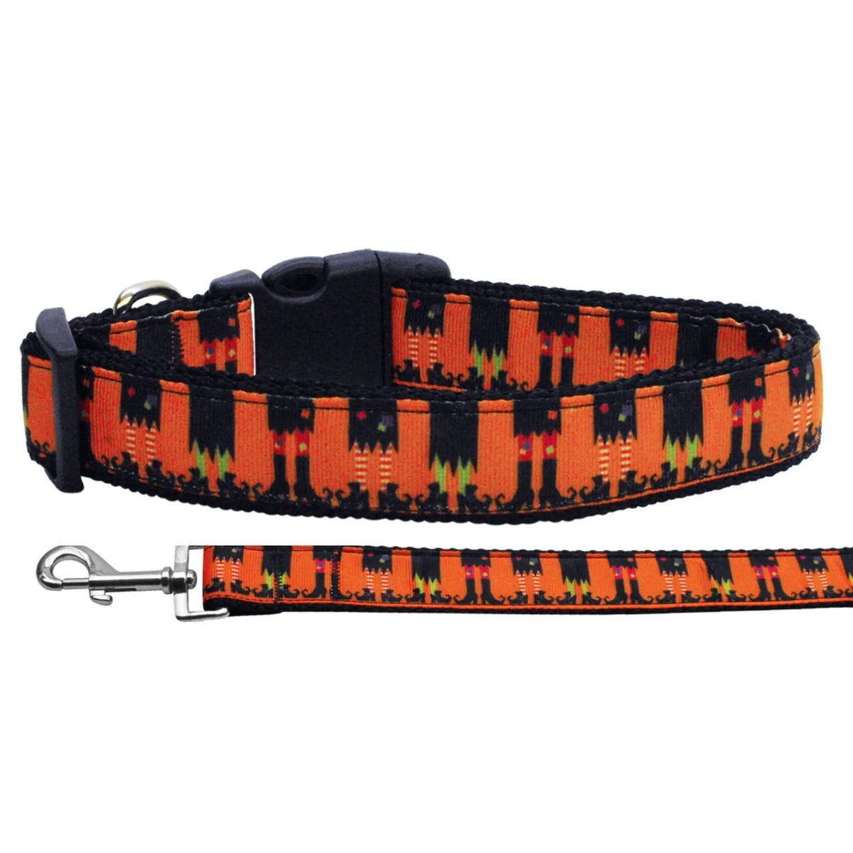 Halloween nylon dog collar and leash set in orange and black geometric pattern with metal clips