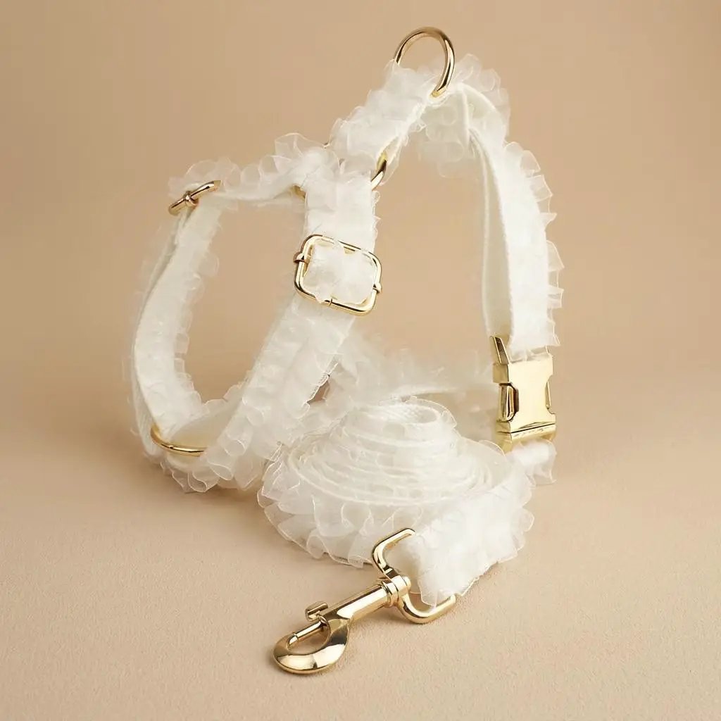 Wedding White Lace Set; 3 white lace dog collars with gold hardware for personalized ID, For Animals, With Love