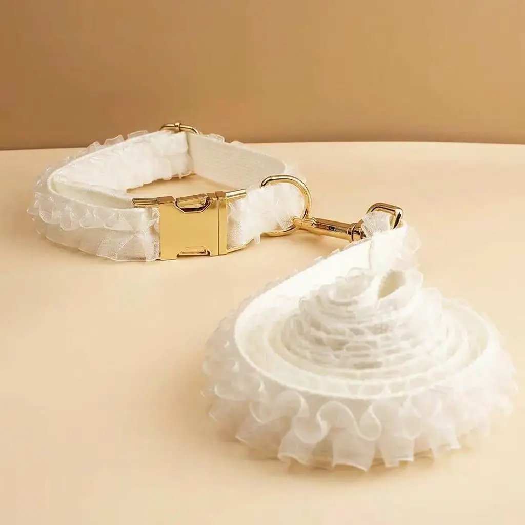 Wedding White Lace Set, 2-piece personalized ID collars by For Animals, With Love; white lace with gold hardware.
