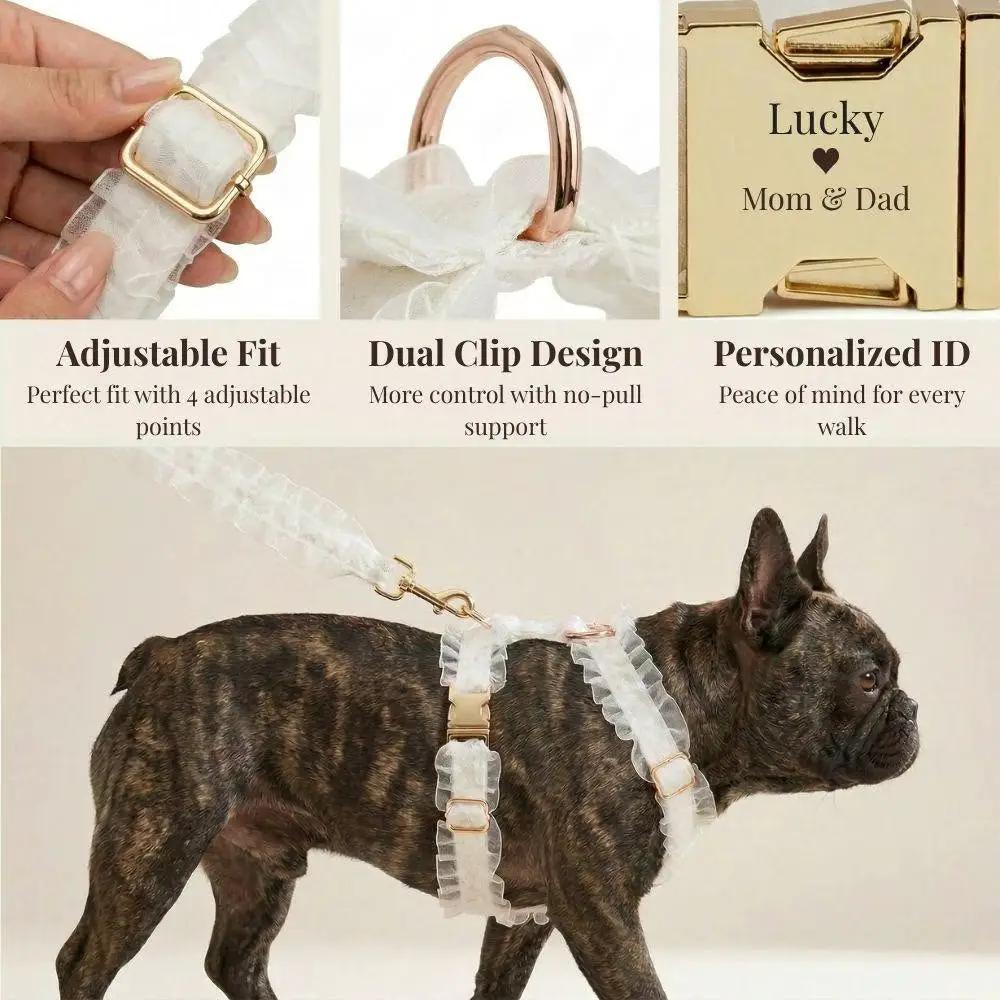 Wedding White Lace Set dog harness and collar with personalized ID, gold hardware.
