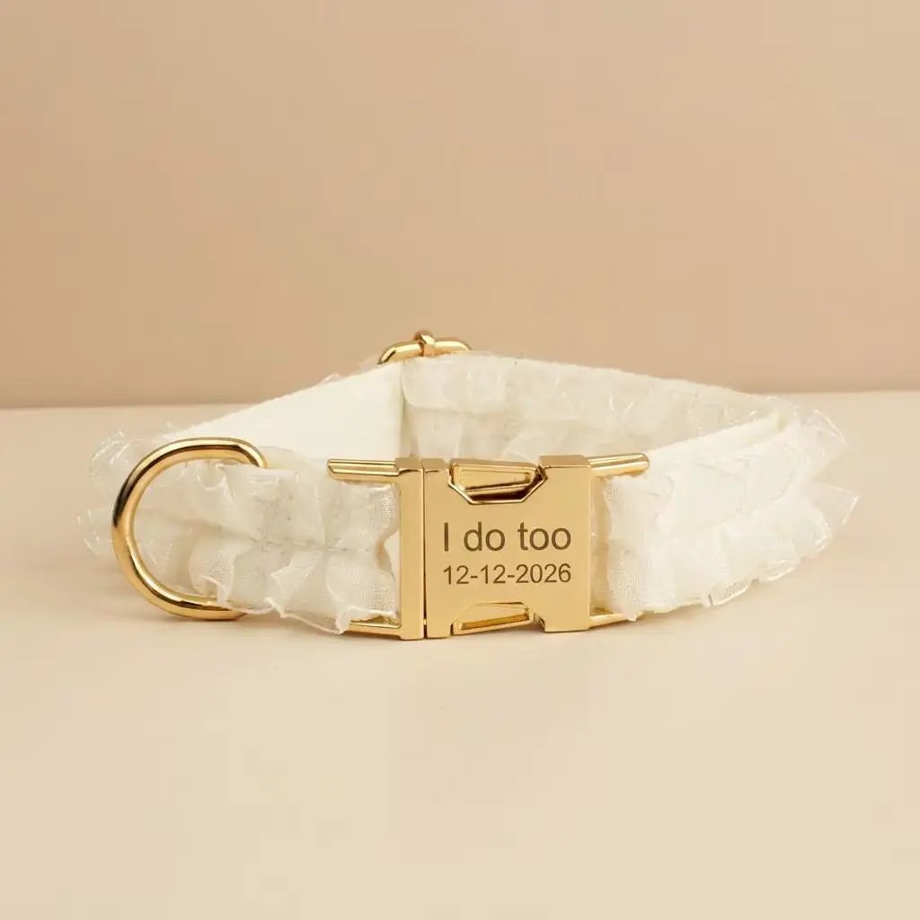 Wedding White Lace Set, personalized ID collar with gold plate reading I do too 12-12-2026