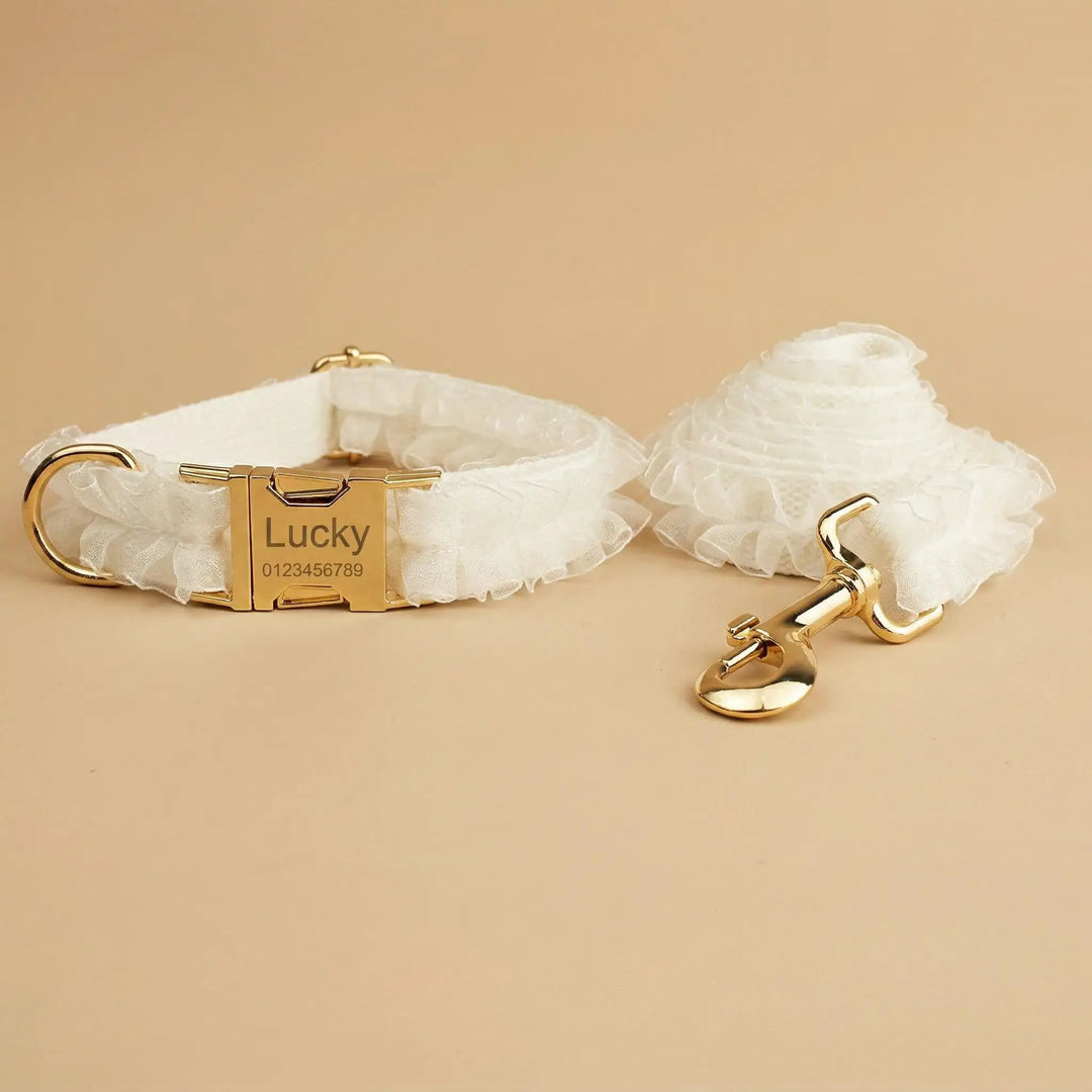 Wedding White Lace Set for personalized ID collars with white lace and gold-tone hardware.