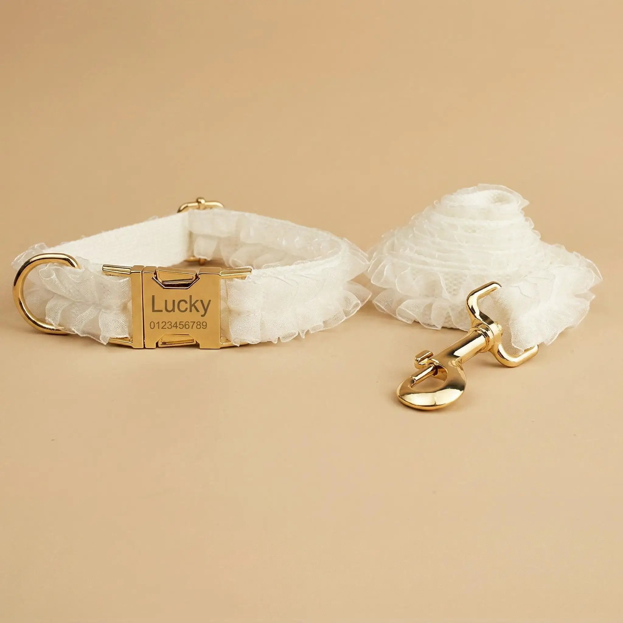 Wedding White Lace Set for personalized ID collars with white lace and gold-tone hardware.
