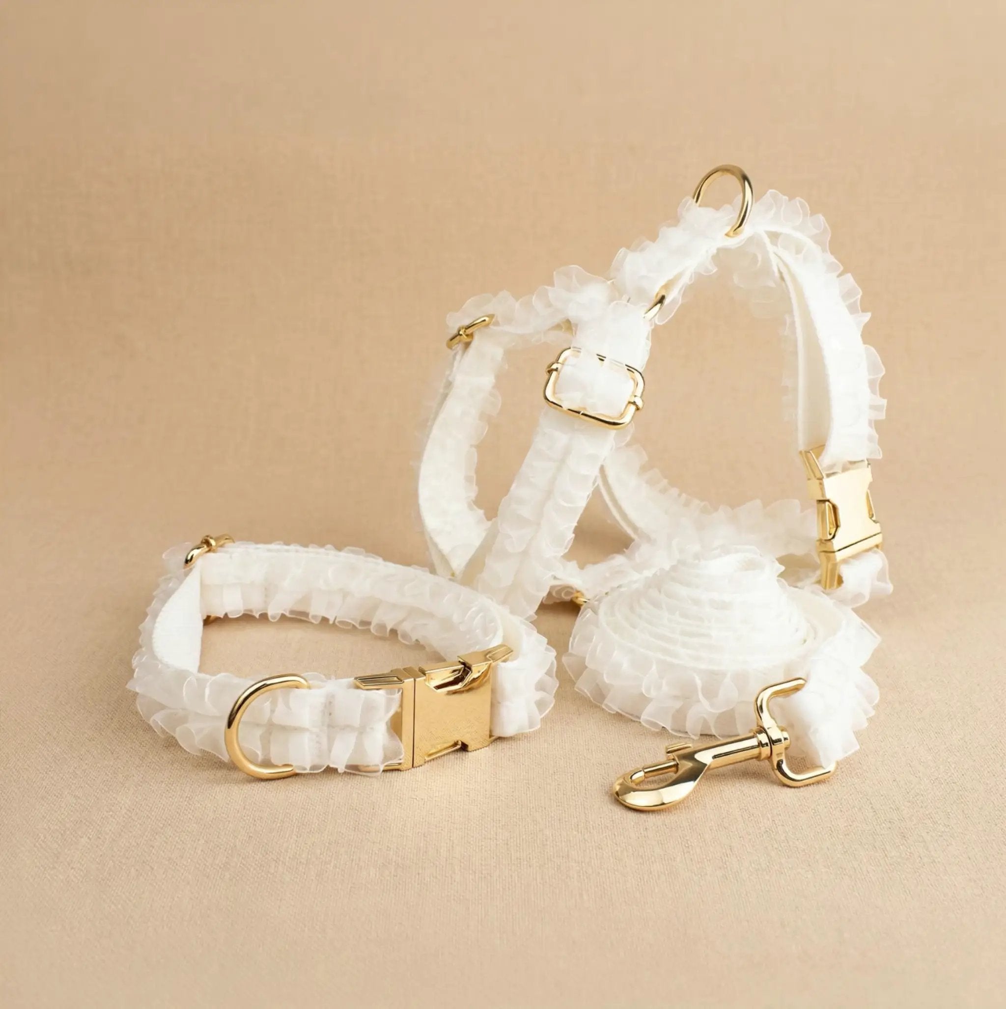 Wedding White Lace Set: white ruffled pet collars with gold hardware