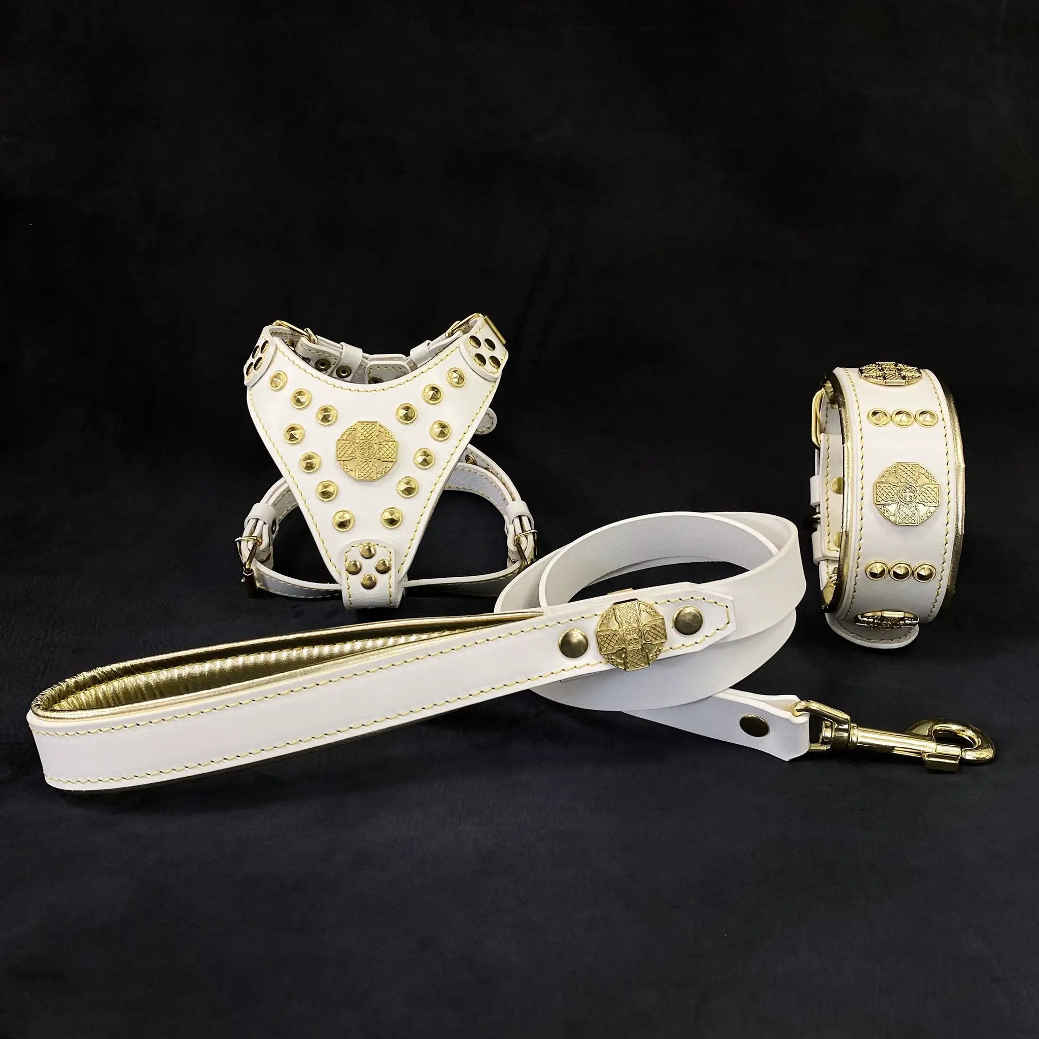 Bestia Handmade Maximus White Gold Leather Dog Harness Collar Leash Set For Small Breeds by Bestia Dog Gear