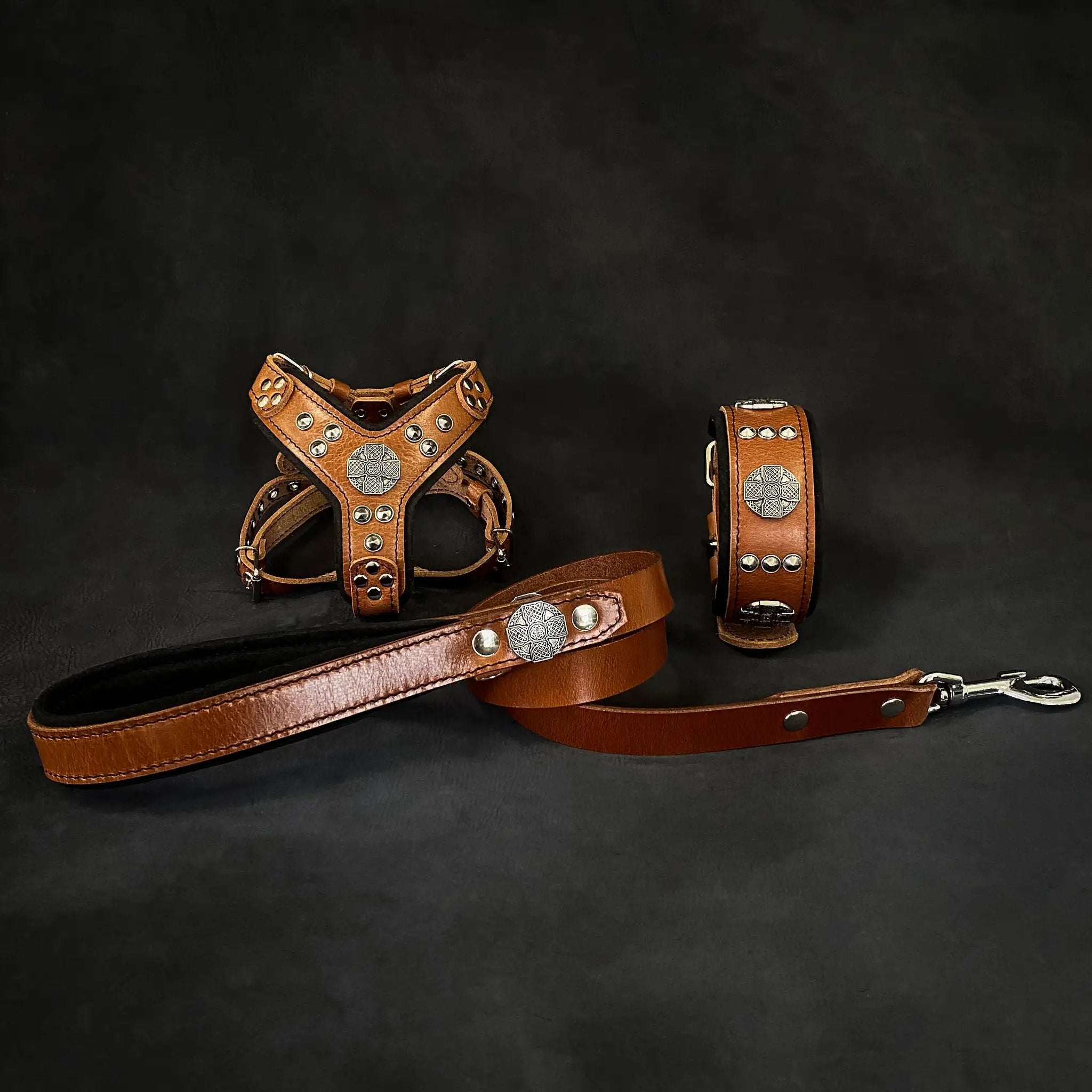 Bestia Maximus Leather Harness Collar Leash Set Small Brown Silver by Bestia Dog Gear