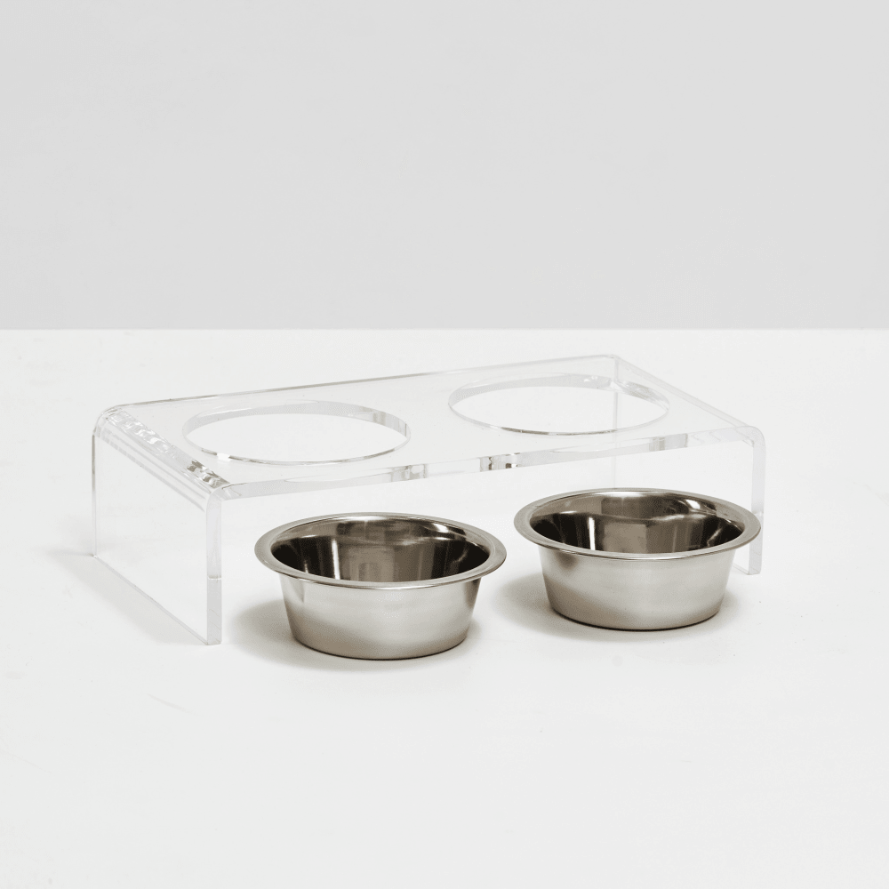 Hiddin Clear Acrylic Double Feeder with Silver Bowls – 3 in High