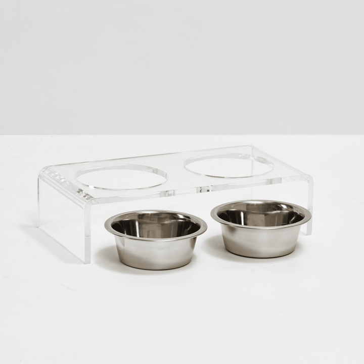 Hiddin Clear Acrylic Double Feeder with Silver Bowls – 3 in High