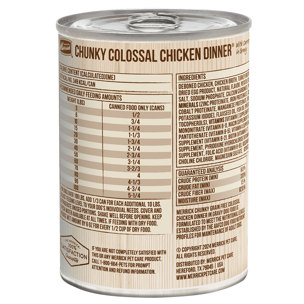 Merrick Colossal Chicken reverse label with ingredients and feeding chart
