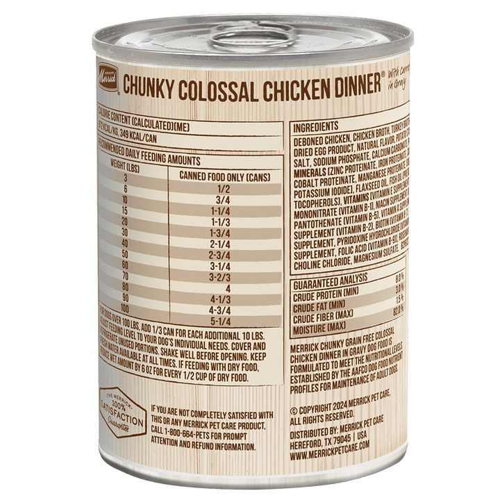 Merrick Colossal Chicken reverse label with ingredients and feeding chart