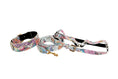 Load image into Gallery viewer, Collar, leash, and harness set in white floral mosaic Italian leather with gold hardware (3-piece)
