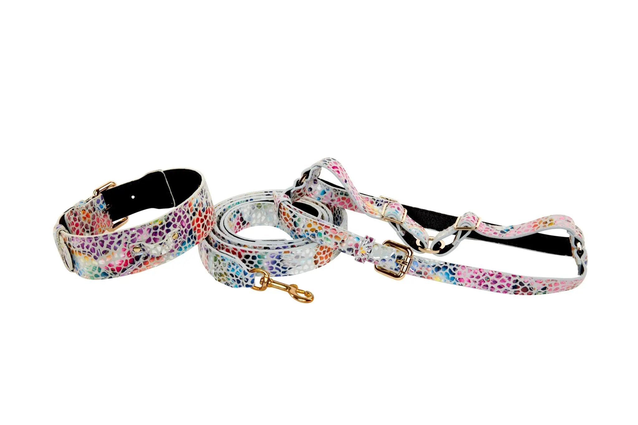 Collar, leash, and harness set in white floral mosaic Italian leather with gold hardware (3-piece)