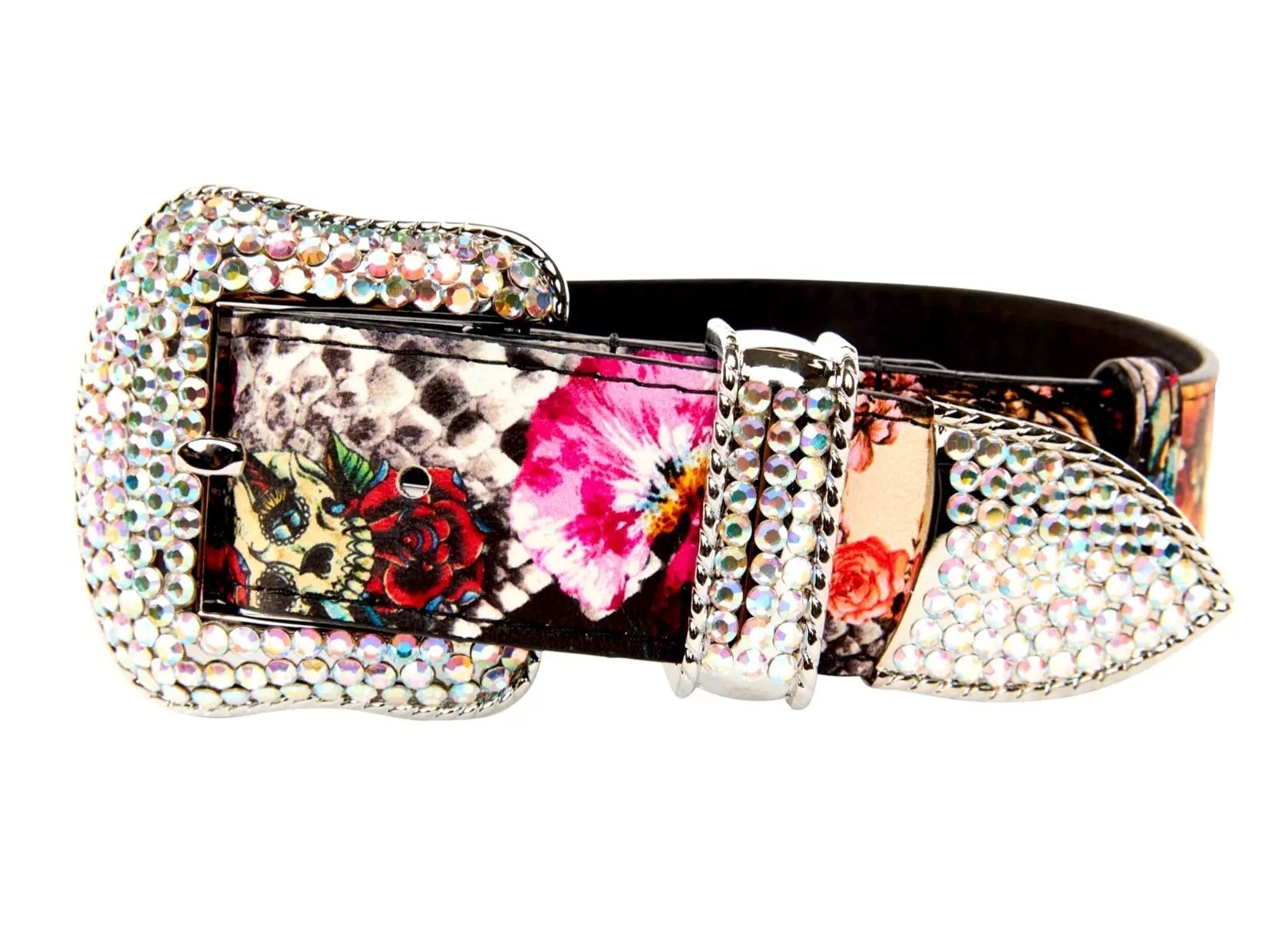 Italian leather collar with floral skull-snake print and Swarovski crystal hardware by Allysa Payne Beverly Hills