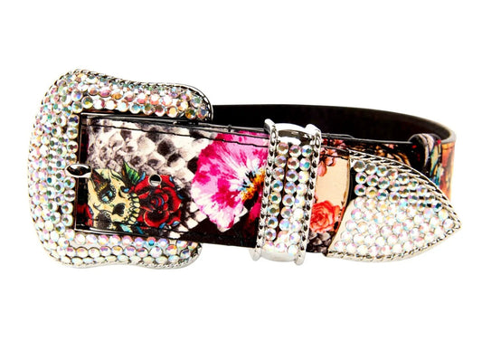 Italian leather collar with floral skull-snake print and Swarovski crystal hardware by Allysa Payne Beverly Hills