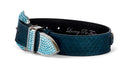 Load image into Gallery viewer, Dog collar with iridescent teal snakeskin strap and blue Swarovski crystal hardware
