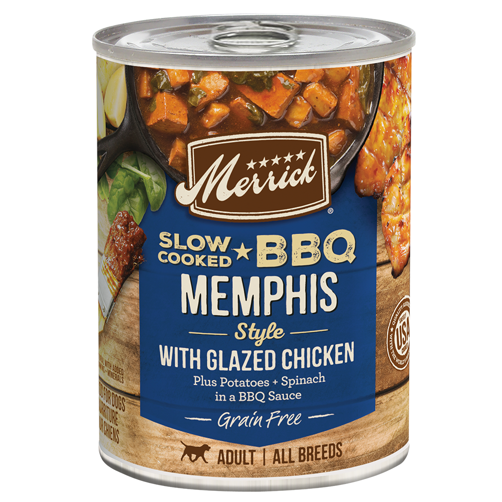 Merrick Slow Cooked Memphis Style BBQ chicken dog food can front