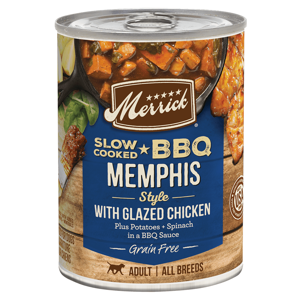 Merrick Slow Cooked Memphis Style BBQ chicken dog food can front
