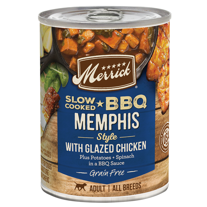 Merrick Slow Cooked Memphis Style BBQ chicken dog food can front