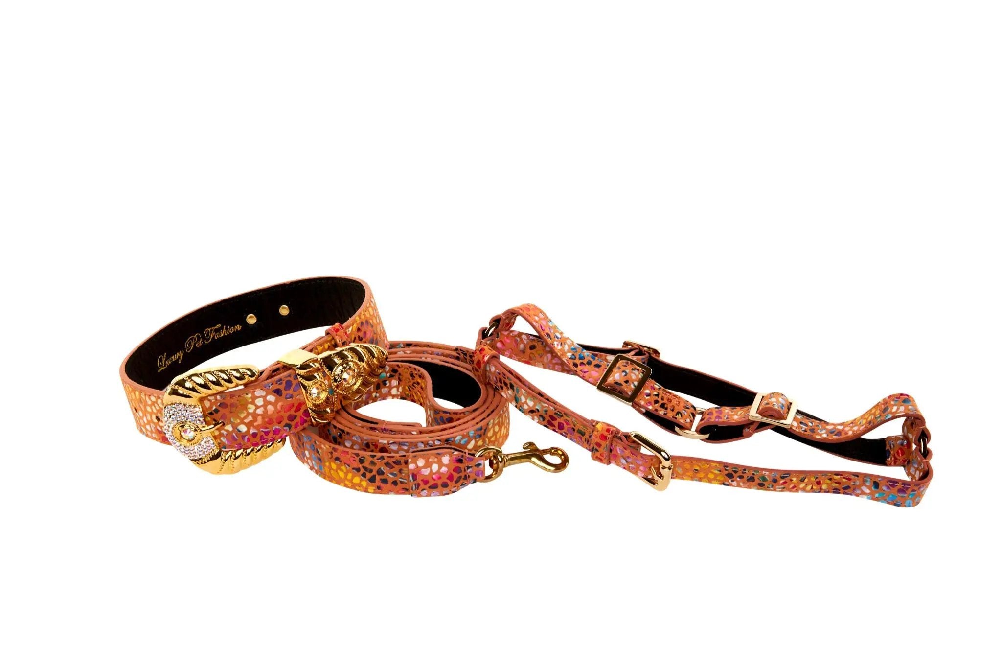 Orange floral mosaic Italian leather 3-piece collar, leash, harness set with Swarovski crystal hardware