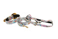 Charger l'image dans la visionneuse de la galerie, Collar, harness and leash set in white floral mosaic Italian leather with Orante Swarovski hardware by Allysa Payne Beverly Hills
