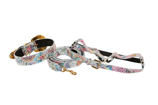 Collar, harness and leash set in white floral mosaic Italian leather with Orante Swarovski hardware by Allysa Payne Beverly Hills