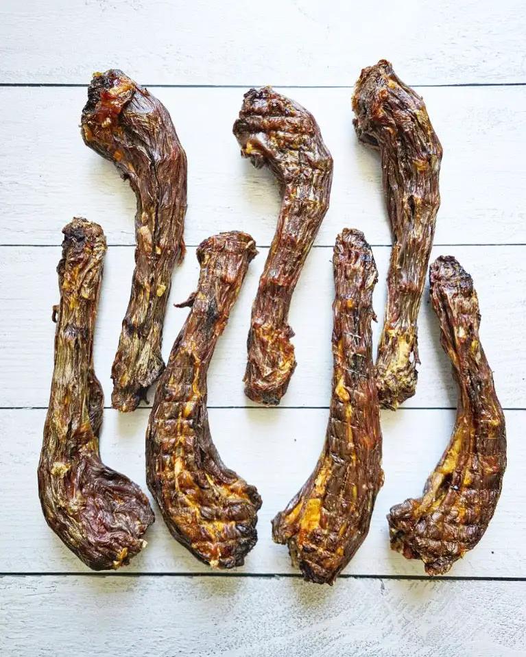 Turkey necks dog treats by Naked Beasts, six dried chewy pieces
