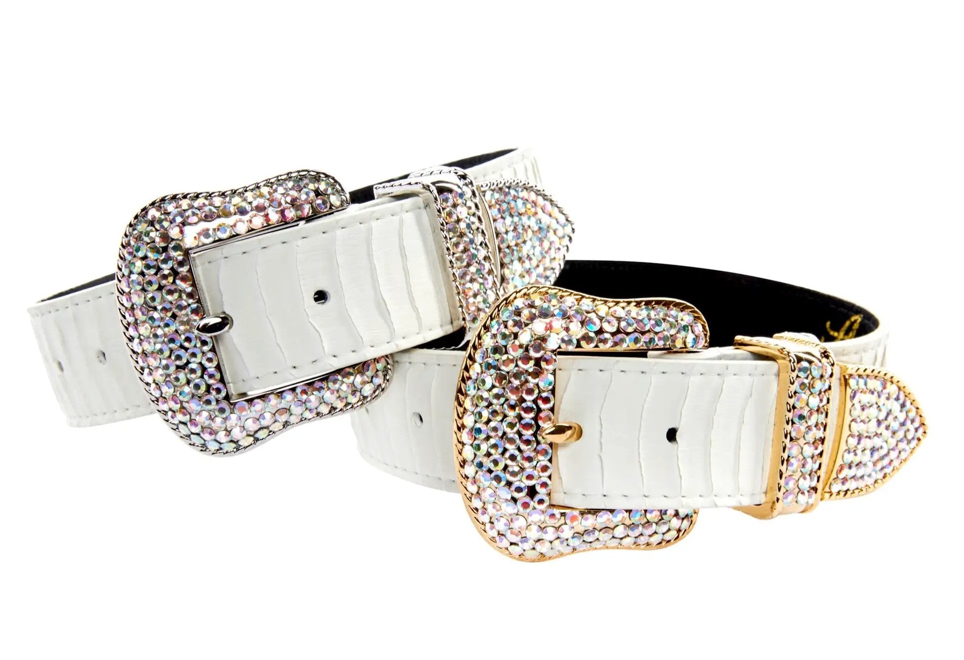 Snake collars set of 2, matte white with Swarovski crystal hardware in silver and gold.