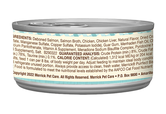 Merrick Purrfect Bistro Salmon Pate earlier reverse label