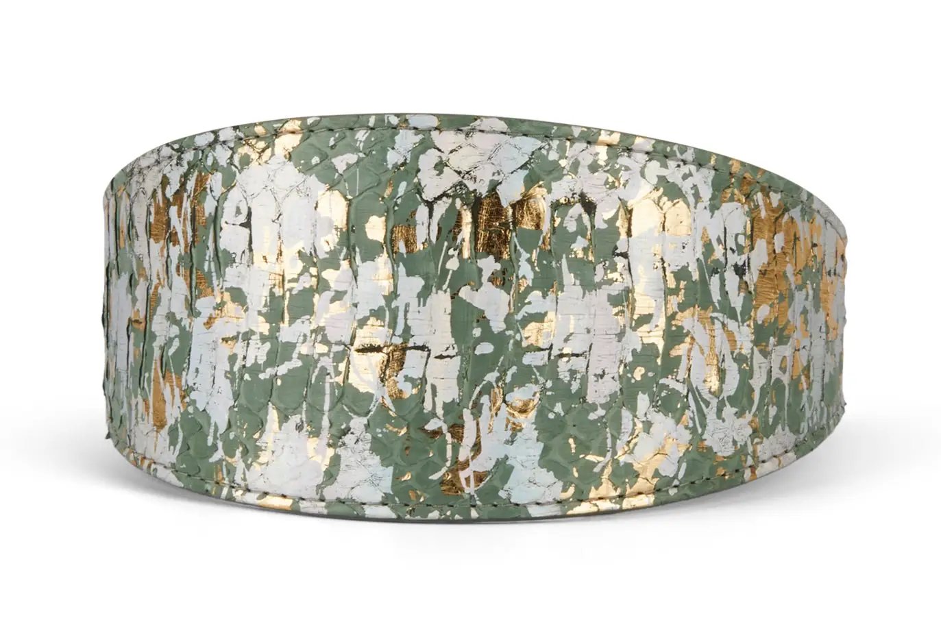 Cuff bracelet by Allysa Payne Beverly Hills, iridescent art deco green/gold/silver, 3 inches wide.