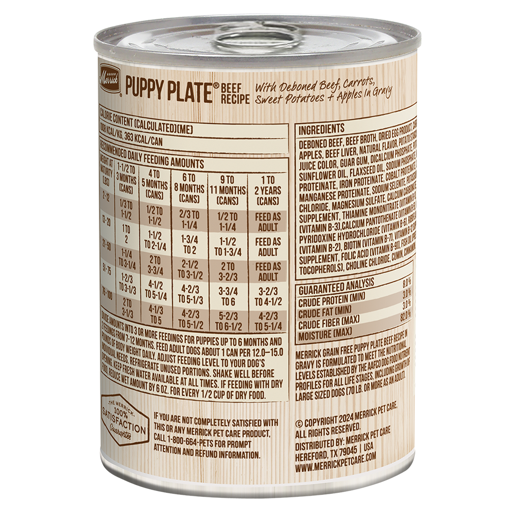 Merrick Puppy Plate Beef reverse label with ingredients and age-based feeding chart