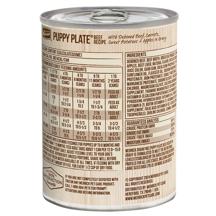 Merrick Puppy Plate Beef reverse label with ingredients and age-based feeding chart