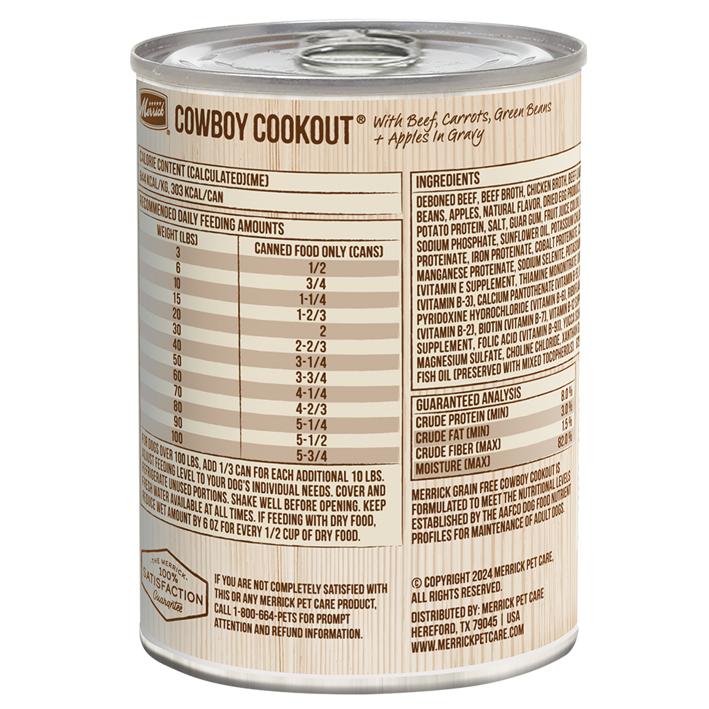 Merrick Cowboy Cookout reverse ingredient and feeding label