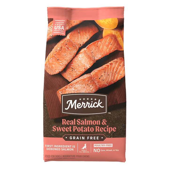 Merrick Salmon and sweet potato dry dog food bag front